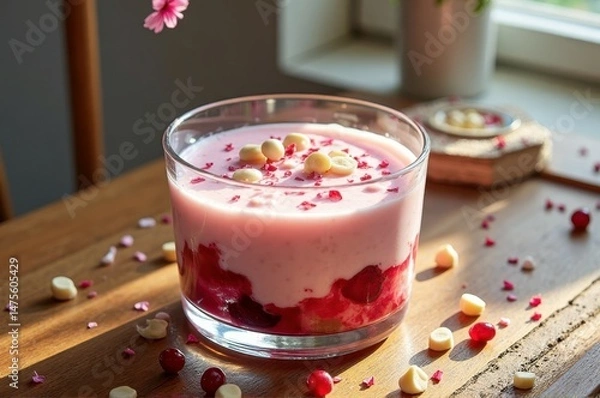 Fototapeta Fresh berry yogurt parfait with white chocolate garnish on wooden table