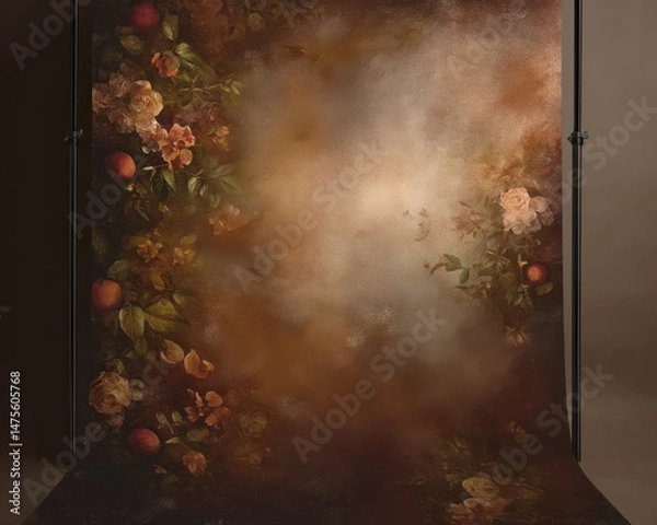 Fototapeta Brown studio background with floral borders. Canvas background on the wall and on the floor with a soft transition.