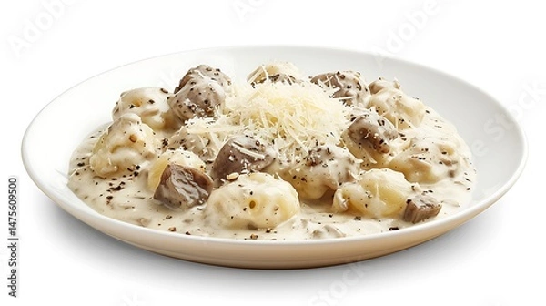 Obraz Gnocchi with white truffle cream sauce and grated parmesan, arranged artfully on a white plate. 
