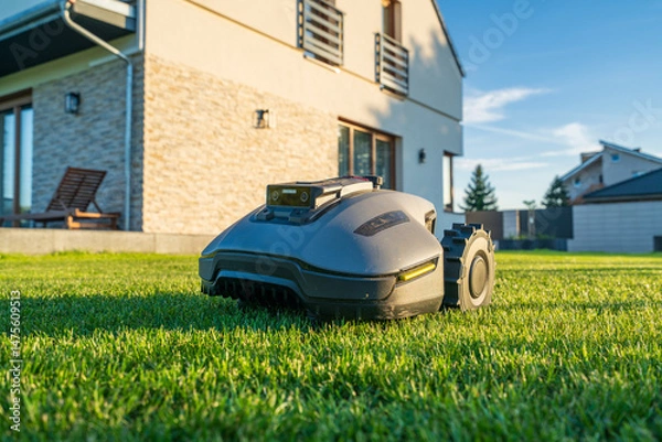 Fototapeta Robotic lawn mower cutting the grass