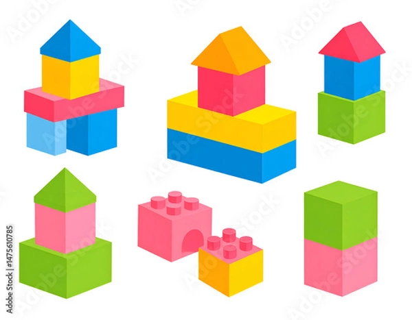 Fototapeta Colorful building blocks in various shapes and sizes.  Different colored blocks arranged to form towers, castles, and other structures.  Ideal for children's creativity and imagination