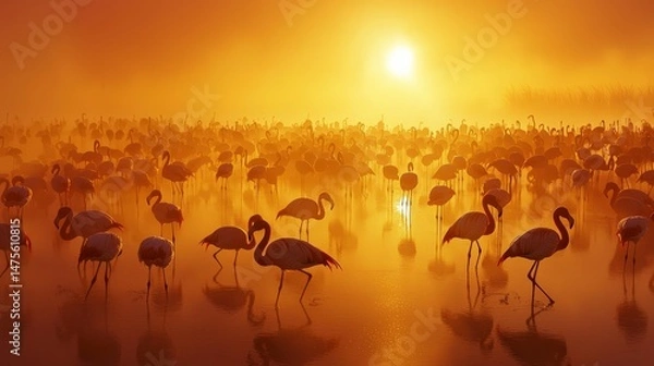 Obraz Large Group of Flamingos Resting in Shallow Lake at Sunrise