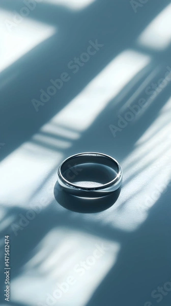 Fototapeta Silver wedding band on reflective surface, window light patterns background; perfect for wedding announcements or jewelry websites