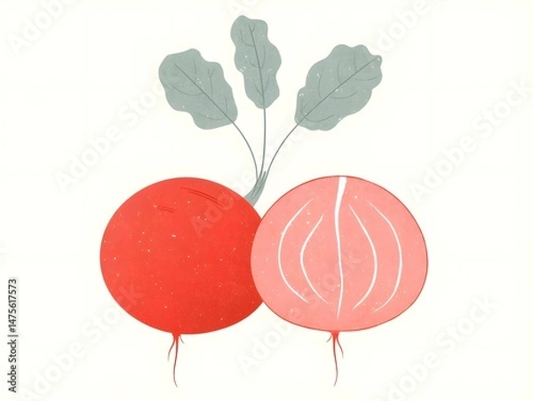 Fototapeta Red Radish Delight: A close-up digital illustration that shows two fresh red radishes, one whole and one sliced in half revealing the crisp interior, are presented against a neutral backdrop.