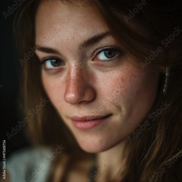 Fototapeta Portrait of woman with blue eyes and freckles, soft side lighting, natural expression, indoor setting with shallow depth of field.