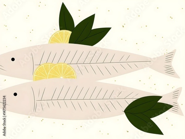 Fototapeta Two Fresh Fish with Lemon and Leaves: A flat lay illustration of two fresh fish, prepared for cooking, with lemon slices and leaves on top. The clean and simple design makes it perfect for food blogs.