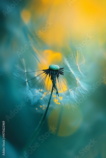 Fototapeta Ethereal close-up of a dandelion dispersing seeds with soft green meadow background
