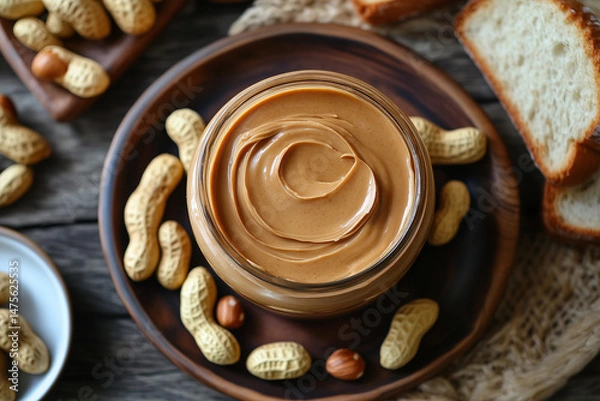 Fototapeta Creamy peanut butter in a glass jar, surrounded by roasted peanuts and slices of bread on a rustic wooden table, 