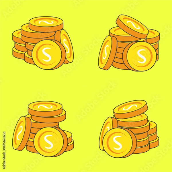 Obraz Cartoon Gold Coins Stack Set, Colorful set of four cartoon style illustrations featuring stacks of shiny gold coins with the letter "S" on a bright yellow background