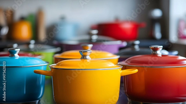 Fototapeta Collection of colorful enameled cast iron pots and pans with lids. Bright kitchenware in vibrant hues. 