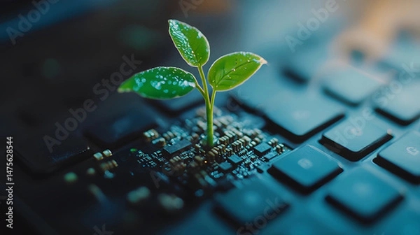 Fototapeta Small green plant growing from a computer keyboard. Close-up studio shot with a focus on the plant. Concept for technology, environment, sustainability, renewable energy