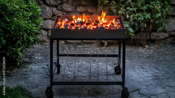 Fototapeta Barbecue grill with hot coals and flames in a backyard setting.