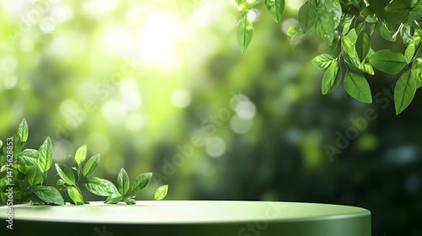 Fototapeta Empty green podium stage with fresh green leaves and bright bokeh background. Perfect for showcasing natural or organic products.