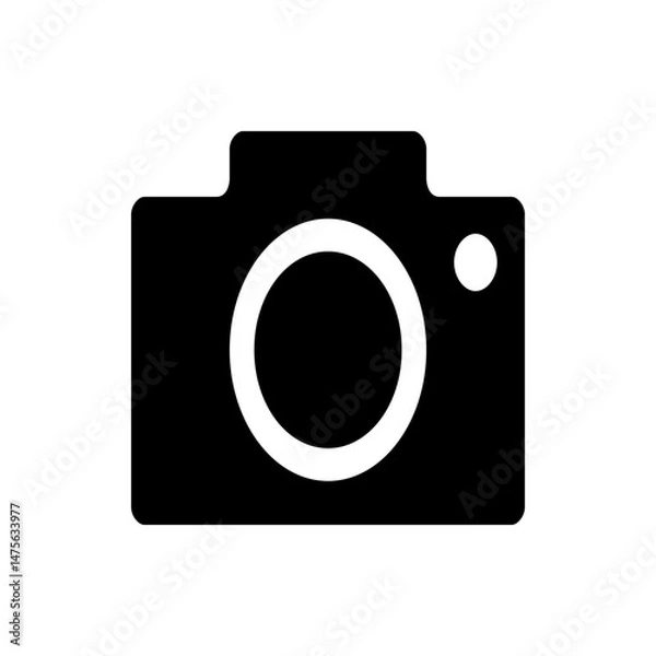 Fototapeta A black camera with a white lens and a white flash is displayed in a simple graphic representation