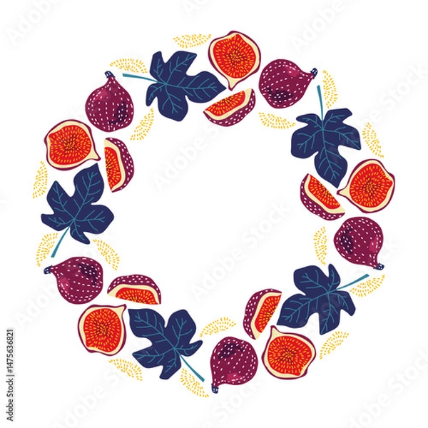 Fototapeta Fig Fruits with leaves frame. Round tropical fruit border. Hand drawn chopped, whole fruit and leaves design template. Fig frame with copy space. Summer Circular vector for poster, invitation, card.
