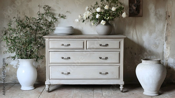 Fototapeta Antique painted chest of drawers in rustic interior with flowers and vases.  Home d?cor, interior design inspiration