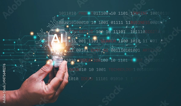 Fototapeta Innovative AI technology for business, Artificial Intelligence concept, Businessman holding lightbulb with Ai and binary code with text of ai technology for assist business administration.