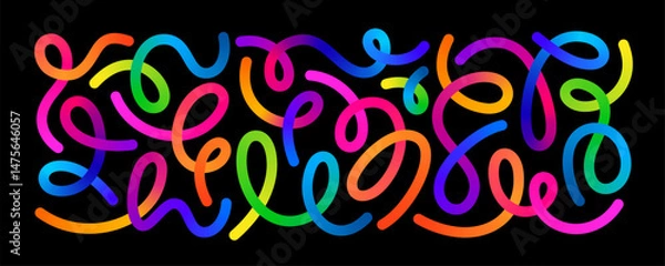 Fototapeta Abstract Color Lines. Gradient Shape 3D Waves Pattern on Black Background. Vector Rainbow Ribbon. Wavy Graphic Design Elements.