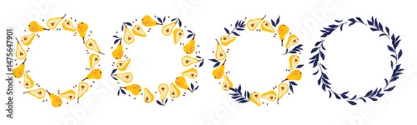Obraz Pear round frame set. Round frames with yellow pear and tree branches, fruits isolated frame, copy space. Summer background with chopped and whole pears for poster, banner, label, invitation, card.