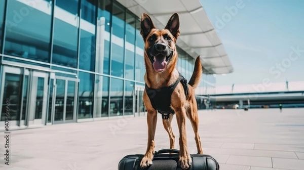 Fototapeta Dog Sniffing Suitcase at Airport for Illegal Drug Detection