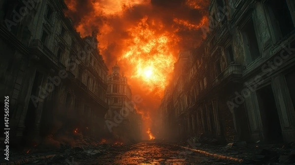 Obraz War-torn street with burning buildings and a fiery sky above, depicting destruction