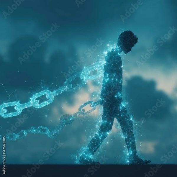 Obraz A digital rende depicts a person walking while shackled by illuminated chains, symbolizing constraints and the pursuit of liberation in a technological age.