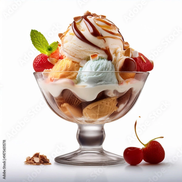 Obraz Delicious Ice Cream Sundae with Whipped Cream and Cherries