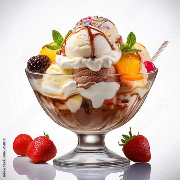 Obraz Delicious Ice Cream Sundae with Whipped Cream and Cherries