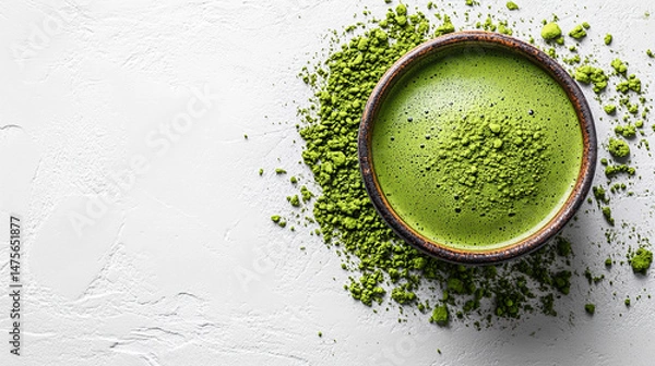 Fototapeta A top-down view of a matcha green tea cup placed on a white surface, showcasing the vibrant green tea in a minimalist and clean setting. The simple composition highlights the calm and refreshing natur