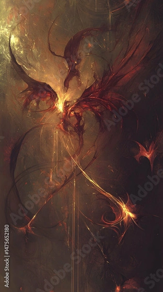 Fototapeta Fiery winged beings battle amidst cosmic dust; fantasy art for game design or book cover