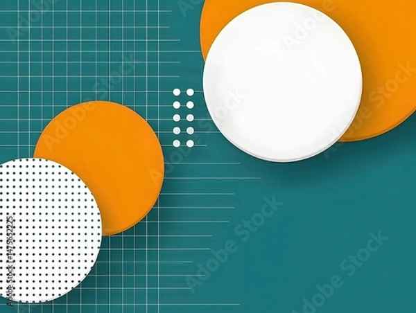 Fototapeta Abstract teal background with overlapping orange and white circles, grid pattern, and dotted elements; ideal for presentations