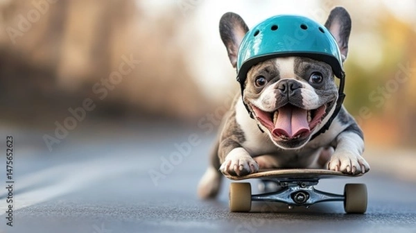 Fototapeta Happy dog wearing a helmet skateboards down the street showcasing playful personality and a love for adventure with sunny background and vibrant colors