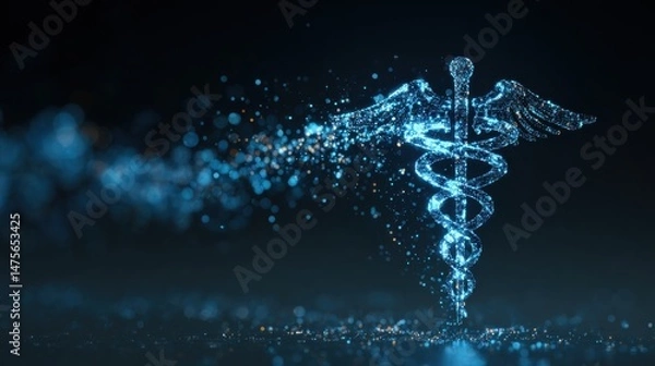 Obraz A shimme digital caduceus symbol emerges from glowing particles against a dark backdrop symbolizing modern medicine, health technology, and innovation.