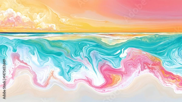 Fototapeta Abstract ocean sunset beach seascape; pastel colors, calming mood, ideal for relaxation or travel promotion