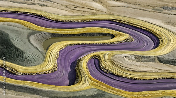 Fototapeta Aerial view of purple and gold sand quarry, meandering patterns, desert landscape, industrial mining