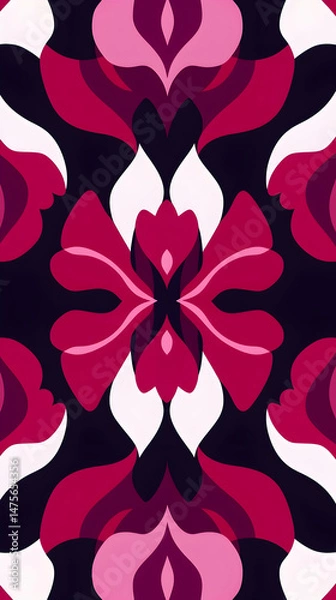 Fototapeta Abstract floral pattern, crimson and white, symmetrical design, background for textile or wallpaper
