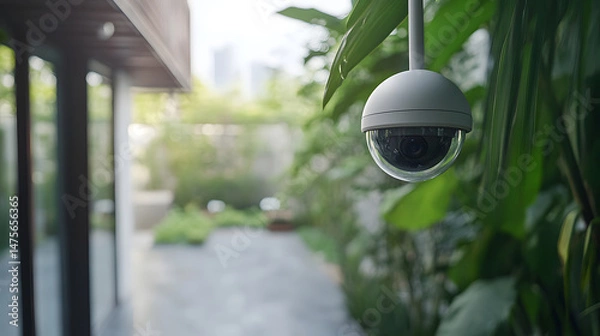 Fototapeta Dome-shaped security camera hangs amongst tropical foliage, with a modern house and blurred backyard in the background.