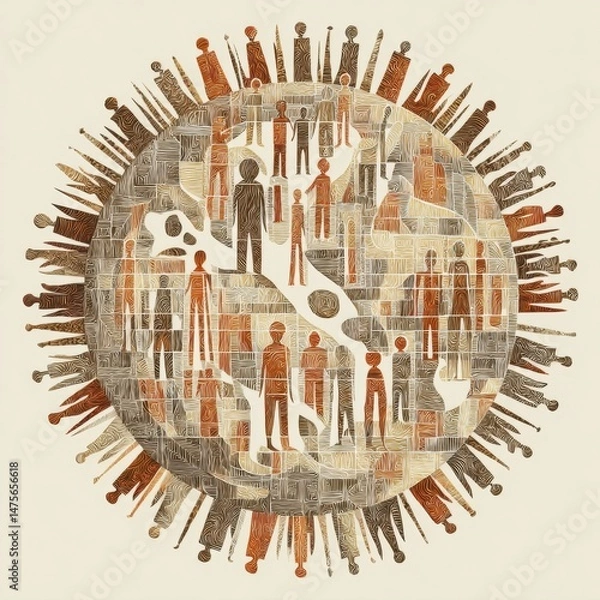 Obraz Artistic rendition of interconnected figures forming a global sphere, illustrating unity and diversity in a stylized, textured mosaic-like composition digitally created.