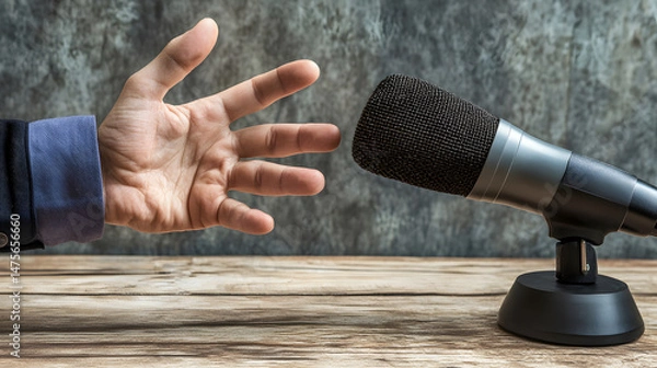Fototapeta Close up of a hand reaching for a microphone, suggesting a live broadcast, podcast recording, or press conference.