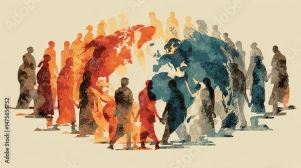Obraz Watercolor illustration depicting diverse people from around the world holding hands, symbolizing global unity, connection, and cooperation across cultures.