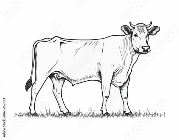 Fototapeta Minimalist Line Art Design of a Dairy Cow Grazing in a Pasture, Representing Livestock Farming, Milk Production, and Organic Dairy Products, Great for Food Labels and Restaurant Menus.