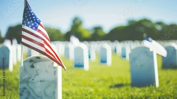 Obraz A serene military cemetery adorned with white tombstones, honoring heroes on Memorial Day. A solemn tribute to bravery.