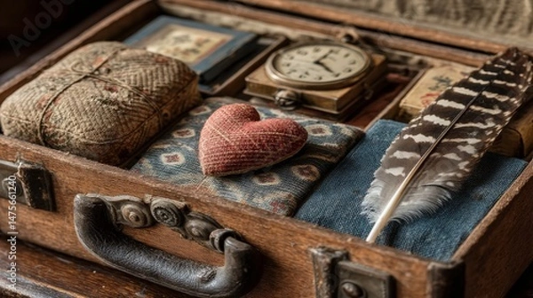 Fototapeta Vintage Wooden Box with Antique Items Including Clock, Fabric, Feather, and Heart-Shaped Object for Nostalgic Decor and Photography Inspiration