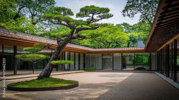 Fototapeta Tranquil Zen Garden with Raked Gravel and Bonsai Trees in Courtyard