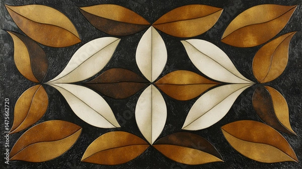 Fototapeta Abstract leaf pattern wood inlay artwork, decorative home decor, close-up