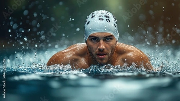 Fototapeta Intense Male Swimmer in Competitive Mode Surrounded by Water Splashes, Close-Up on Focused Expression and Athletic Pose in a Pool Environment