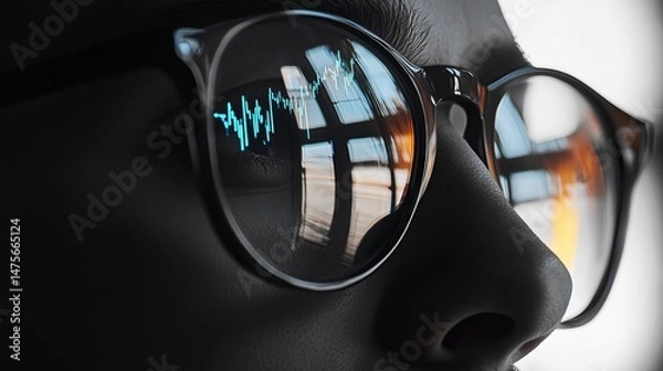 Obraz Close up of glasses reflecting a blue line graph on a dark background with a human nose visible
