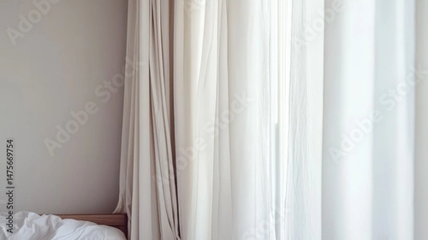 Fototapeta Warm Minimalist Bedroom with Soft Curtains and Low Wooden Bed Frame