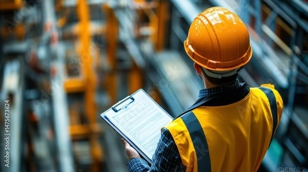 Obraz Construction Worker in Safety Gear Inspecting Warehouse Inventory with Clipboard and Hard Hat while Standing in Rack Storage Area