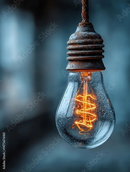 Fototapeta A single light bulb floating with a soft glow symbolizing ideas and innovation on an abstract blue background